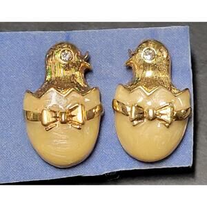 AVON Easter Elegance Pierced Earrings Gold Tone Cream Enamel Chick Vintage Eggs